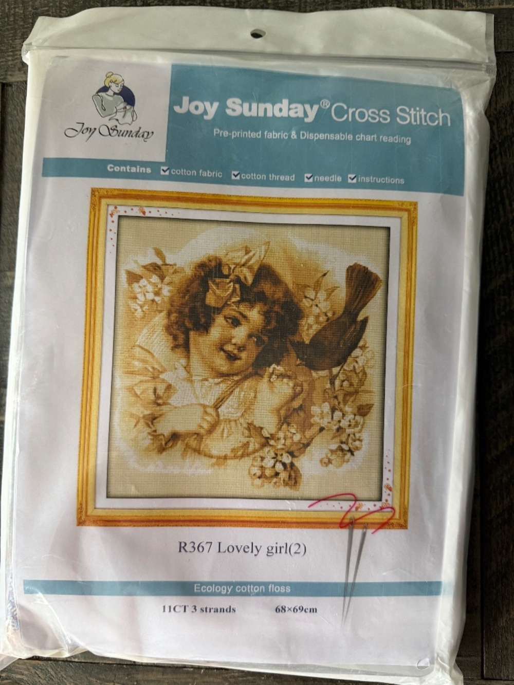 Girl w/Bird Sepia Vintage Pre-Printed Joy Sunday Cross Stitch Kit 11ct Aid - NEW